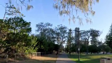 Bereketli yeşil bir parkta huzurlu bir yürüyüş