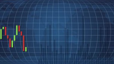 Candlestick grafikleri küresel bir harita arkaplanı üzerinde canlı renkler ve dinamik geçişlerle finansal piyasa dalgalanmalarını göstererek canlandırır