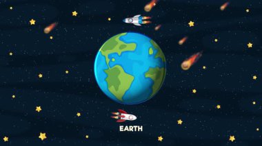 Canlandırılmış roketler Dünya 'nın yörüngesinde yıldızlar ve meteorlarla dolu canlı, renkli bir uzay sahnesinde dönüyor.