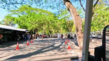 Ziyaretçiler Chonburi 'nin Khao Kheow Hayvanat Bahçesi' nde güneşli gökyüzünün altında, yemyeşil ve canlı etkinliklerle çevrili golf arabalarında geziniyorlar.