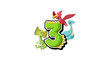 Eğlenceli dinozor çizimleriyle numaraların yer aldığı canlı animasyon, eğitici amaçlar için tasarlanmış neşeli ve çekici bir tarzla.
