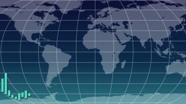 Dünya haritasının arka planında yükselen şamdan grafiklerinin dinamik animasyonu, küresel ekonomik eğilimleri ve finansal büyümeyi gösteriyor