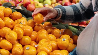 Meyve pazarında portakal seçen kişi
