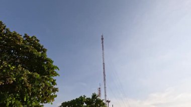 Ağaçları ve yüksek kulesi olan sakin bir sahil.