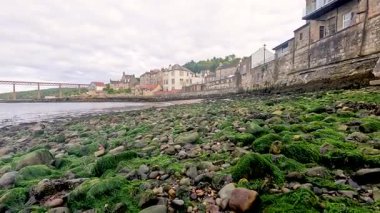 Bir sahil kasabası boyunca yosun kaplı kayalar