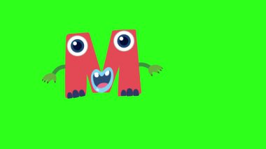 M harfinin yeşil arka planda maymuna dönüşmesinin eğlenceli animasyonu, öğrenmeyi ve eğlenceyi vurguluyor.