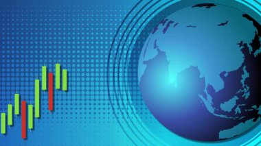 Mavi bir dünya haritası üzerinde dalgalanan şamdan grafiklerinin canlandırılması, canlı renkler ve dinamik geçişlerle küresel ekonomik eğilimleri gösteriyor