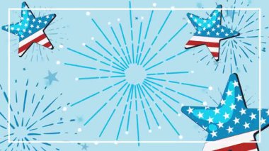 Bağımsızlık Günü 'nü kutlayan canlı bir animasyon. Dinamik havai fişekler, vatansever yıldızlar ve mavi arka planda neşeli bir tipografi.