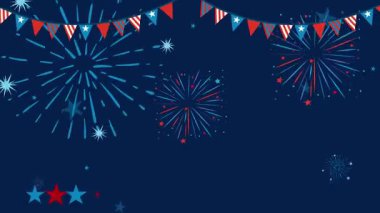 Patriotic animation with fireworks, balloons, and banners celebrating Independence Day in vibrant red, white, and blue colors