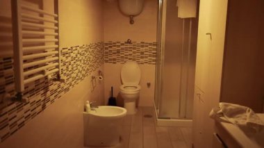 Duşu ve tuvaleti olan temiz, şık bir banyo.