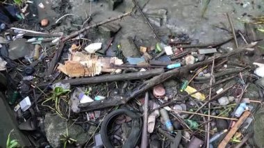 Debris accumulates on shore over time.