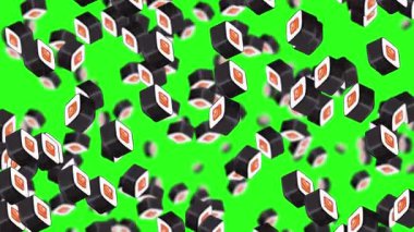 Suşi parçaları canlı yeşil bir zemine düşüyor.