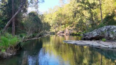 Sakin bir insansız hava aracı Avustralya 'nın Gold Coast kentindeki yemyeşil ve kayalıklarla çevrili el değmemiş bir dereyi yakalıyor.