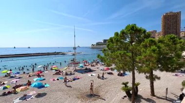 İnsanlar kumsalda güneşli bir günün tadını çıkarıyor.