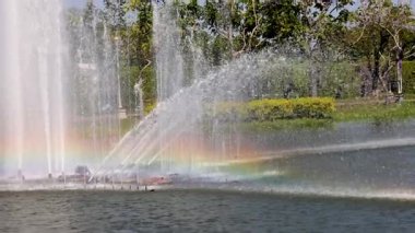 Colorful rainbow forms in fountain spray at park