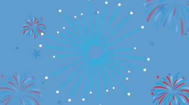 Patriotic animation with red, white, and blue balloons, fireworks, and a celebratory banner on a blue background