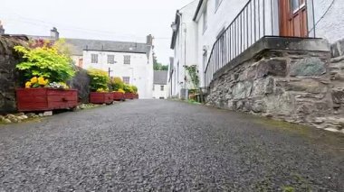 Çiçek kutularıyla sakin bir ara sokak.