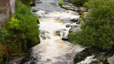 Nehir yeşillik ve kayaların arasından akıyor.