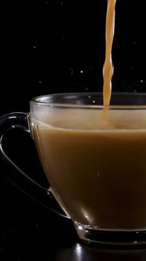 Süt, cam bir kahve bardağına dökülüyor ve koyu bir arka fonda girdap etkisi yaratıyor.