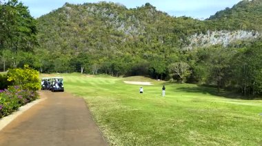 Golf sahasında güneşli bir günün tadını çıkaran golfçüler