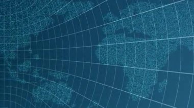 Izgara çizgileri ve dijital dokusu olan animasyon dünya haritası. Pürüzsüz geçişler modern, teknolojik bir atmosfer yaratır.