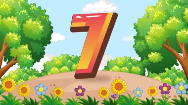 Çocuklar canlı animasyonlarla dolu renkli bir bahçede büyük bir yedi numaranın etrafında dans ediyorlar.