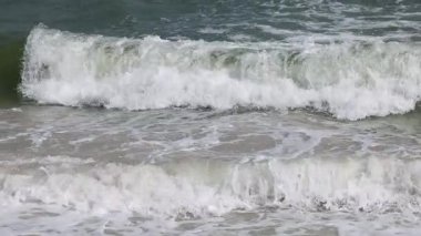 Kumlu bir sahilde sıralı dalgalar kırılıyor.