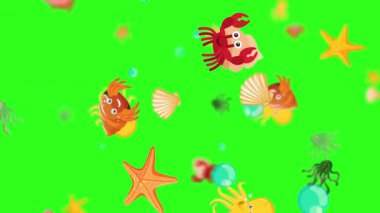 Canlı bir animasyonda yüzen renkli deniz canlıları.