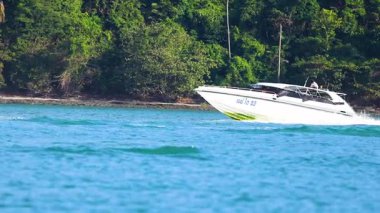 Bir sürat teknesi ve geleneksel bir uzun kuyruklu tekne Phuket, Tayland 'daki yemyeşil yemyeşil sularda gün ışığında canlı mavi sularda yol alırlar.