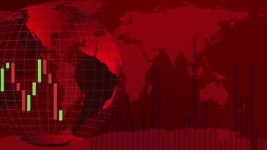 Şamdan grafikleri ve küresel haritalarla kırmızı temalı animasyon, finans piyasası eğilimlerini ve ekonomik dalgalanmaları gösteriyor