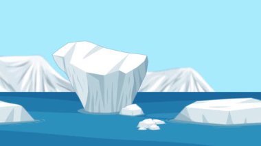 Canlandırılmış buzdağları sakin bir kutup deniz manzarası boyunca sürükleniyor, pürüzsüz geçişler ve parlak mavi renkler sergiliyor.