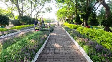 İnsanlar Bangkok parkında güneşli bir günün tadını çıkarıyor.