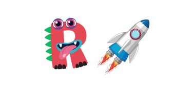 R harfinin bir rokete dönüşmesinin oyuncu animasyonu, beyaz arkaplanda canlı renkler ve dinamik hareketler vurgulanıyor