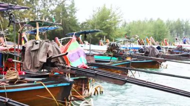 Renkli tekneler Krabi 'nin kıyı şeridi boyunca yanaştı.
