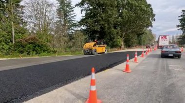 Akaroa 'da ağaçlık bir sokakta gün ışığında araçlar ve ekipmanlarla yol yapımı.