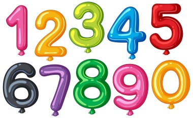 Değişik renklerde 0-9 balon numaralarının canlı vektör çizimi. Neşeli, yuvarlak şekilli parlak bir son.
