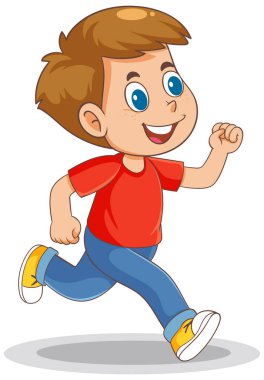 Parlak renklerle ve hareketli bir çizgi film tarzıyla koşan mutlu bir çocuğun vektör çizimi
