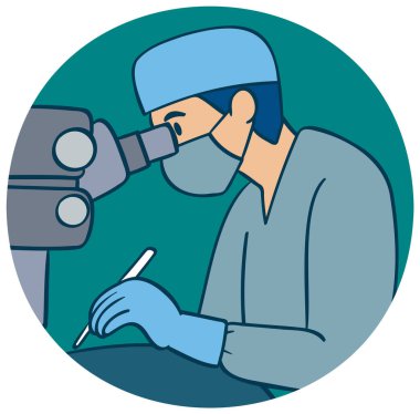 Kesin bir tıbbi işlem sırasında mikroskop kullanan bir cerrahın vektör çizimi. Temiz çizgiler ve sessiz renkler odaklanmayı artırır