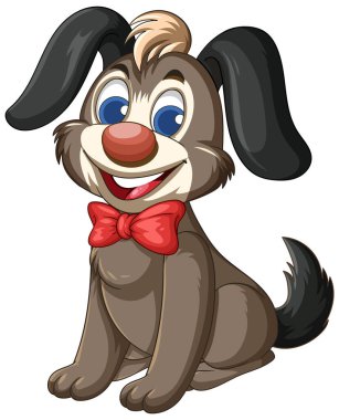 Kırmızı papyonlu, canlı renkler ve vektör stilinde neşeli bir ifadeyle büyüleyici bir köpek çizimi.