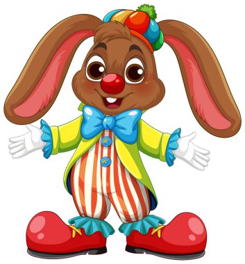 Palyaço kılığına girmiş canlı bir çizgi film tavşanı. Büyük kulakları, parlak renkleri ve oyuncu kıyafetleri var. Çocuk temaları için mükemmel