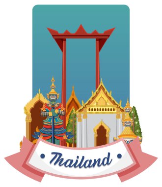 Tanınmış Tayland simgelerinin renkli vektör çizimi. Karmaşık detaylar ve kalın renkler. Kültürel özü ve mimari güzelliği yansıtıyor.