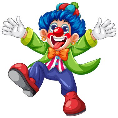 Mavi saçlı, parlak elbiseli ve abartılı hatları olan neşeli bir palyaçonun canlı vektör çizimi. Dinamik duruş ve neşeli renkler