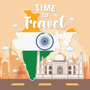 Hindistan haritasının vektör çizimi ve canlı renkler. Özellikler Taj Mahal ve seyahat teması ögeleri