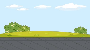 Yeşil çimenler, çalılar ve açık mavi gökyüzü olan bir park manzarasının parlak vektör çizimi