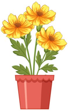Terracotta tenceresinde yeşil yapraklı parlak sarı çiçekler. Canlı renkler ve temiz çizgilerle kıtır vektör biçimi