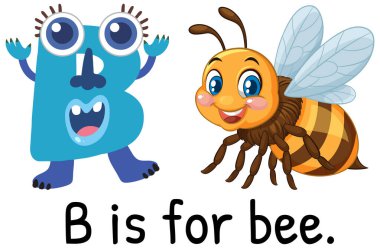B harfinin renkli vektör çizimi ve neşeli bir arı. Eğitici materyaller için parlak, çekici tasarım ideali