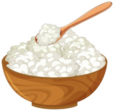 Ahşap kaşık eşliğinde süzme peynirle dolu ahşap bir kasenin vektör çizimi. Yumuşak, nötr renklere sahip temiz, düz tasarım