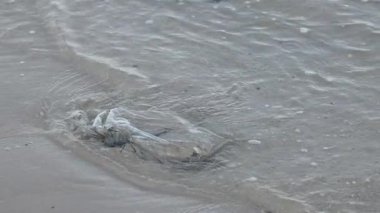 Plastik torba okyanus dalgalarıyla kıyıya sürükleniyor.