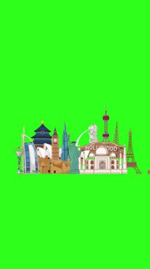 Canlandırılmış dünya simgeleri yeşil bir zemin üzerinde canlı bir gökkuşağı altında toplanır, dinamik metin 'TRAVEL' dünyayı çevreleyen renkli, oyuncu tipografi