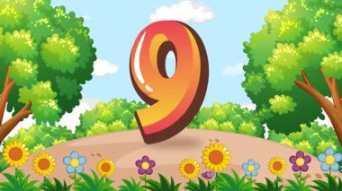 Canlandırılmış çocuklar, renkli, canlı bir açık hava ortamında büyük bir dokuz numarayla neşe içinde etkileşim halindedirler.